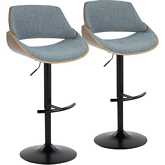 Fabrizzi Adjustable Bar Stool in Walnut Wood, Black Metal & Blue Fabric (Set of 2)